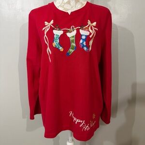 Vintage Ugly Red Grandma Christmas Top Shirt / XL / White Stag / Bows Stockings